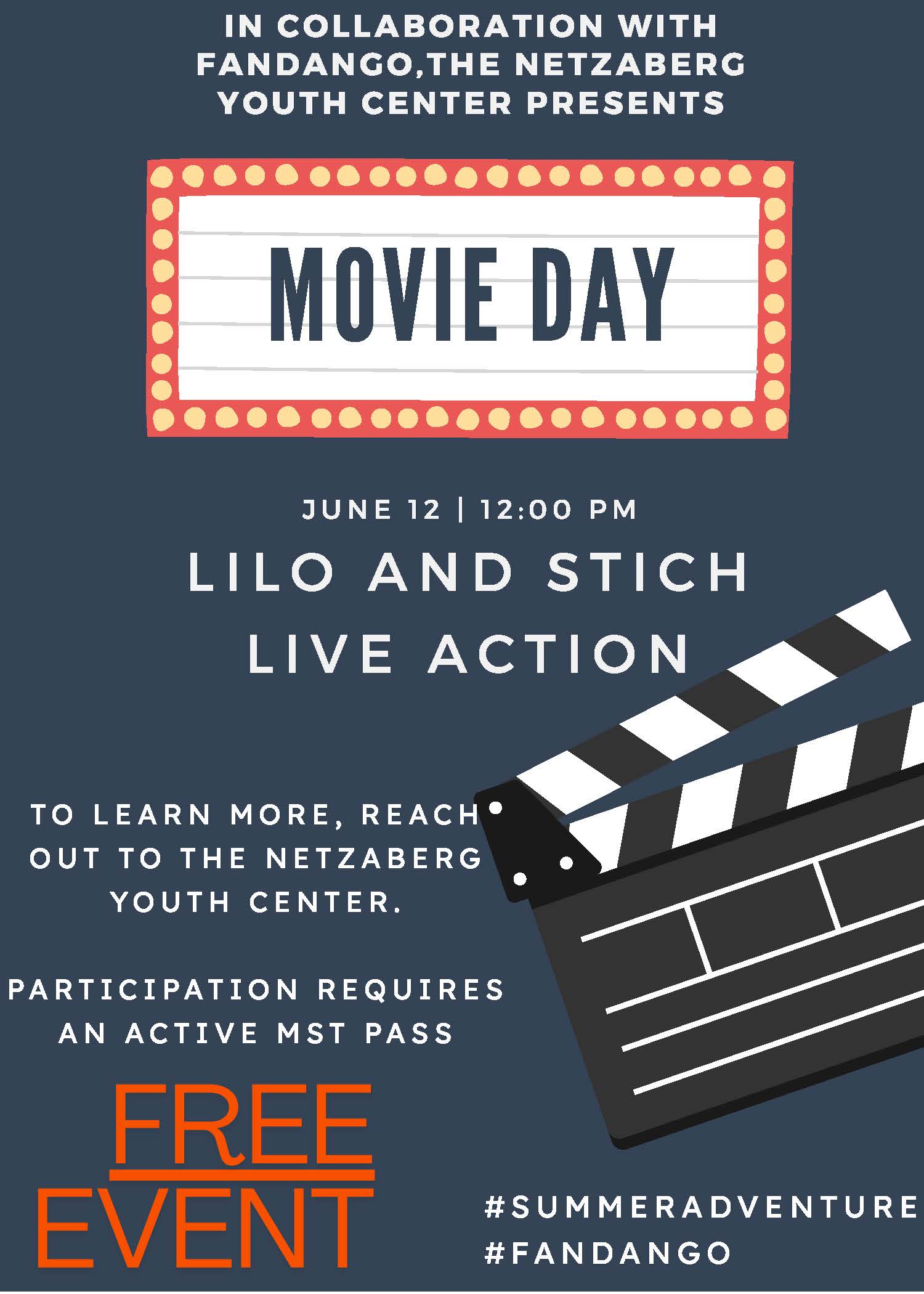 Watch Lilo and Stich at the Netzaberg Youth Center for free on June 12th at noon.