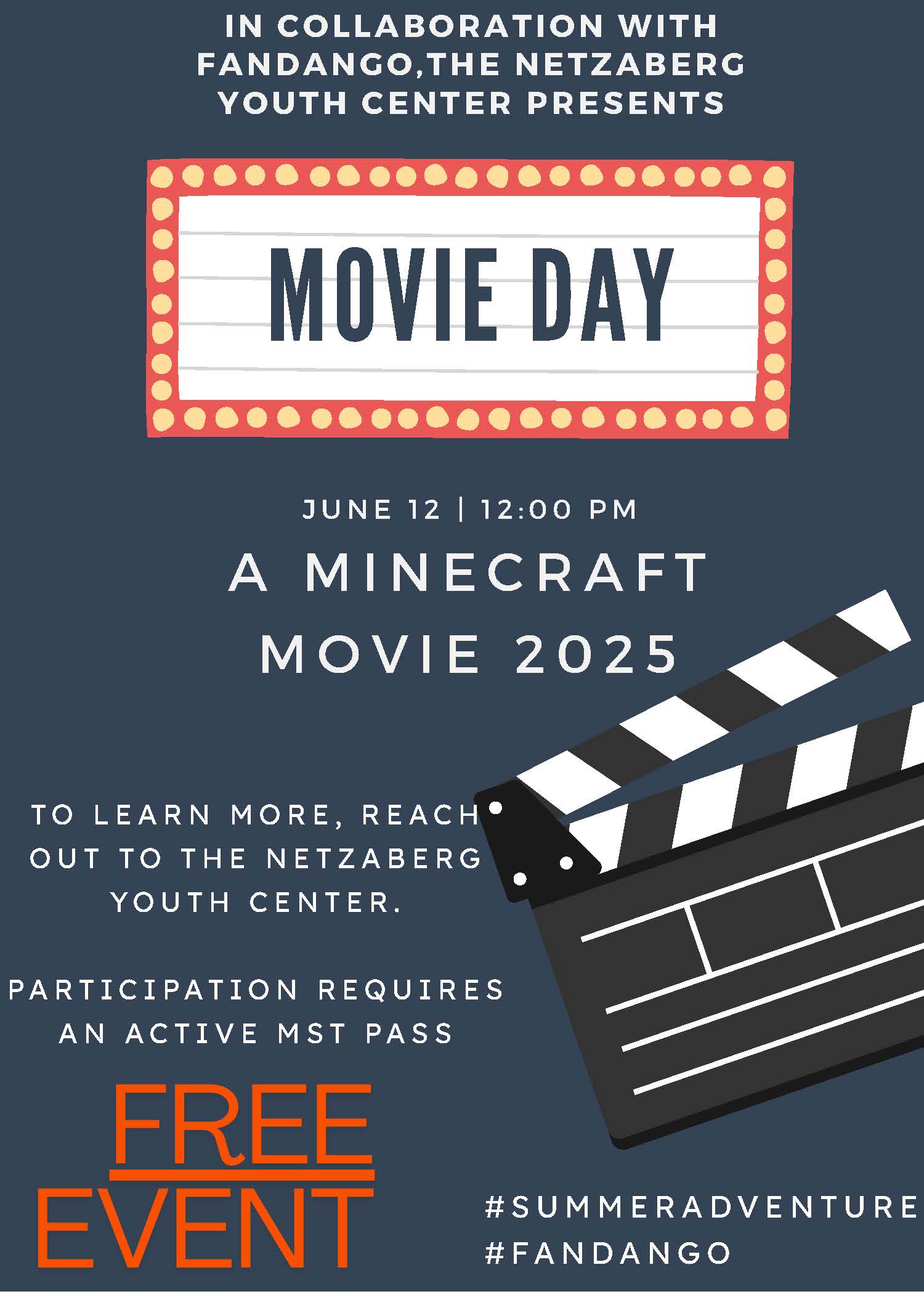Watch the Minecraft Movie at the Netzaberg Youth Center on June 12 at noon for free! 