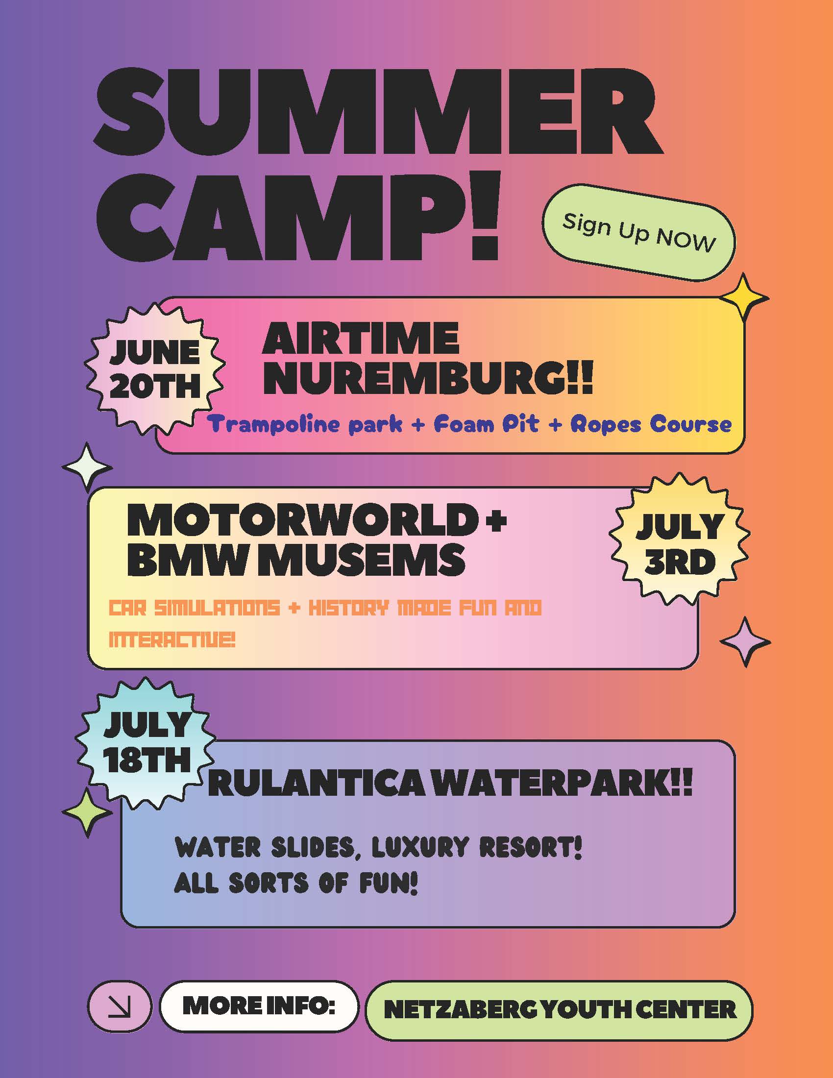 Netzaberg Youth Camp is oppering fun summer camp opportunities. Be sure to sign up to participate!